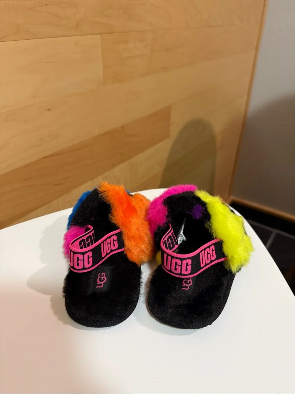 UGG Kids Black Slide Sandals with Multicolor Fur Patches